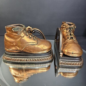 Bronzed Baby Shoes Bookends Vintage Metal Baby Shoe Book End Set Heavy!